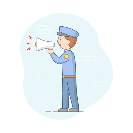 Protection Of Population Concept. Policeman Ready To Protect Order And Apprehending Criminals. Policeman Makes An Announcement With Loudspeaker. Cartoon Linear Outline Flat Style Vector Illustrationのイラスト素材