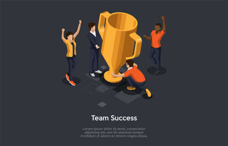 Concept Of Team Success. Business People Have Got an Award in Form Of Big Gold Cup. Happy Multi Ethnic Group Of Business Characters Install Cup And Enjoy Victory. Isometric 3D Vector Illustrationのイラスト素材