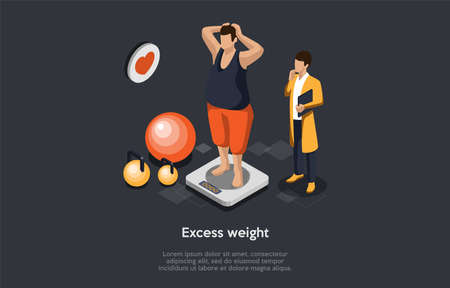 Concept Of Diet, Health Care And Loss Weight. Man With Excess Weight Is Standing On Scales. Dietitian Is Preparing Nutrition And Exercise Program For Losing Weight. Isometric 3D Vector Illustrationのイラスト素材