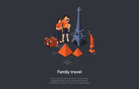 Family Adventures And Summer Vacations Concept. Group Of People Or Family With Little Son In Hands Are Standing At The Campfire, Communicating And Having Good Time. Isometric 3D Vector Illustrationのイラスト素材