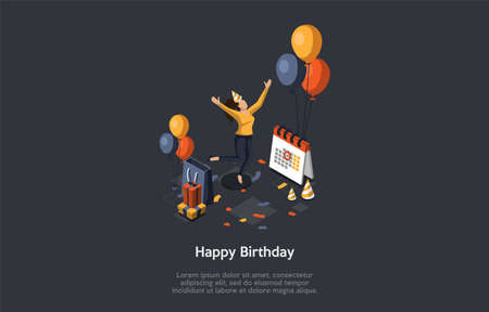 Concept Of Birthday Party. Celebration Ceremony. Woman With Paper Cone On Head Jumping Of Happy During Birthday Party. Girl Gets Lots Of Gifts And Positive Emotions. Isometric 3D Vector Illustrationのイラスト素材