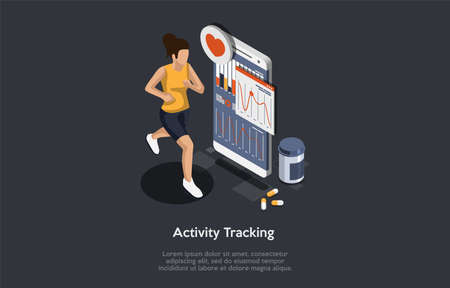 Sport Nutrition And Health Care Concept. Young Sports Woman Jogging, Monitoring Indicators On Smartphone Screen. Girl Controls Pulse, Pressure, Distance Indicators. Isometric 3D Vector Illustrationのイラスト素材