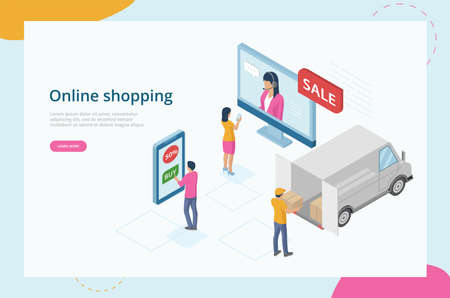 Isometric Online Shopping Concept. Website Landing Page. Characters Order And Use Gadgets To Buy Goods On Sale Online By Means Mobile App. Courier Delivers Purchases. Web Page 3D Vector Illustrationのイラスト素材