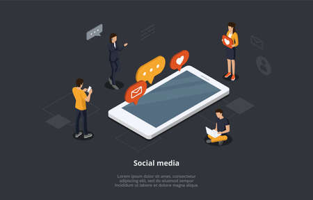 Creative Audience Influence, Social Opinion And Media Influence. Male And Female Characters Using Gadgets To Sending Posts, Sharing Them, Communicate In Social Media. Isometric 3D Vector Illustrationのイラスト素材