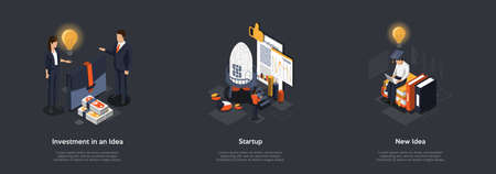 Concept Of Developing New Idea And Startup. Characters Working On New Idea And Making It Happen. Process Of New Idea Creation, Investor Searching And Risks Analysing. Isometric 3D Vector Illustrationのイラスト素材