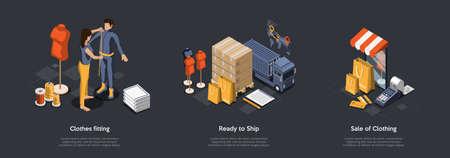 Clothing Production From Availability And Under Order. Process Of Sew Fashion Clothes On Factory, Sale Goods, Ship Items Anywhere In World By Land And Sea Transport. Isometric 3D Vector Illustrationのイラスト素材