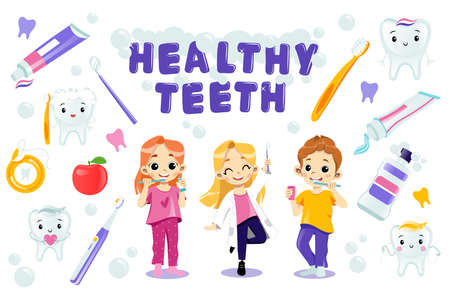 Children Take Care Of Their Teeth. Healthy Teeth Concept. Vector Illustration In Flat Cartoon Style With Colorful Writing. Young Male And Female Characters, Tooth Brush, Paste, Other Items Aroundのイラスト素材