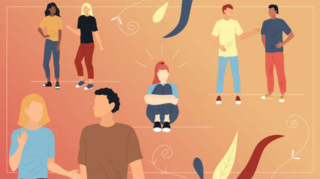 Unsociable Concept. The Girl In The Center Sitting In A Closed Position Not Wanting To Communicate...
