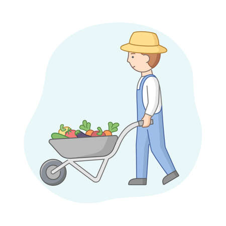 Linear Cartoon Farmer In Hat And Denim Overalls Pushing Wheelbarrow With Vegetables. Young Male Agricultural Worker With A Rural Appliance. Cart Full Of Summer Harvest. Vector Outline Compositionのイラスト素材