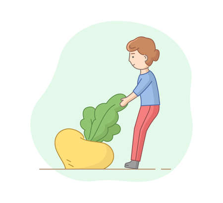 Woman Pulling A Huge Yellow Turnip From The Ground. Vector Illustration In Cartoon Style. Outline Objects On White Background. Seasonal Harvesting, Farming And Agriculture Concept Linear Clip Artのイラスト素材