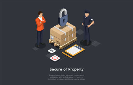 Fast Guard Security Service Concept. Security Enforcement Officer, Pallet With Cargo Under Lock, Dollar Symbol Icon, Icon With Crossed Sign, Blank Page And Pencil. 3d Isometric Vector Illustrationのイラスト素材
