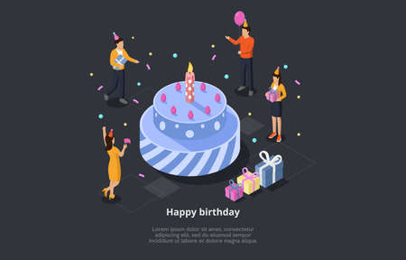 Happy Birthday Concept Vector Illustration. Isometric 3D Composition With Group Of People Celebrating Holiday Around Big Festive Cake. Male And Female Characters Wearing Hats With Presents And Flagsのイラスト素材