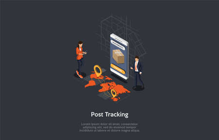 Postal Delivery Service, Parcel Tracking Concept. Tracking Number On A Smartphone Screen, Map With Location Marks. People Track The Parcels Using Devices And Internet. 3d Isometric Vector Illstrationのイラスト素材