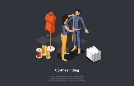 Fashion, Sewing And Fitting Clothes Concept. Woman Stand In Front Of A Man Taking Measurements With Measuring Tape. Big Spools Of Thread Under The Mannequin. Colorful 3d Isometric Vector Illustrationのイラスト素材