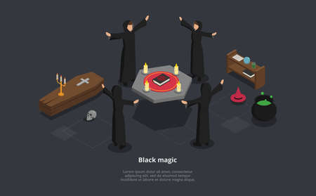 Isometric 3D Illustration Of Black Magic Ritual. Vector Composition With Lorem Ipsum Text. Four Characters In Black Mantles Performing Rite Around The Table. Coffin, Skull, Magical Pot, Hat Aroundのイラスト素材