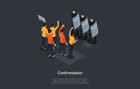 Social Meetings, Confrontation, Protests And Chaotic Riots Concept. A Group Of Protesting People Standing In Front Of Policemen In Helmets Holding Shields. Colorful 3d Isometric Vector Illustrationのイラスト素材
