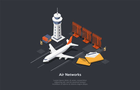 Air Network Concept. Set Of Airport Control Tower, Airplane On Runway, Correspondance Letters, Forklift And Containers With Cargo. Colorful 3d Isometric Vector Illustration On Dark Gray Backgroundのイラスト素材