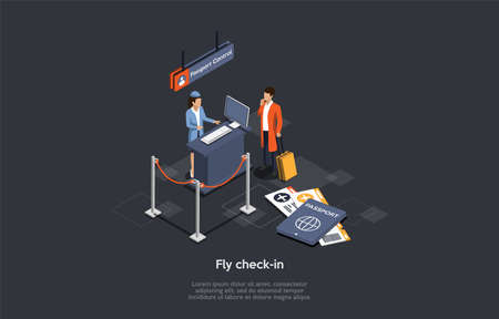 International Air Travel And Fly Check-in Concept. An Airport Female Employee Checks The Passanger s Documents And Luggage At The Passport Control Point. Colorful 3d Isometric Vector Illustrationのイラスト素材