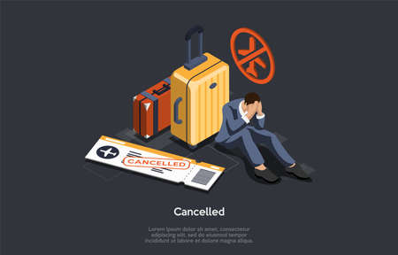 International Airline Service Problem Concept. Male Character With Baggage And Travel Bags Sits On The Ground Covering His Face With Hands. The Flight Is Cancelled. 3d Isometric Vector Illustrationのイラスト素材