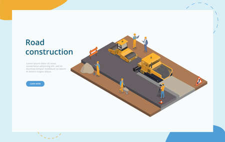 Road Construction And Street Repair Concept. Male Characters Wearing Helmets Doing Road Construction With Yellow Asphalt Compactor. Road Under Construction. Colorful 3d Isometric Vector Illustrationのイラスト素材