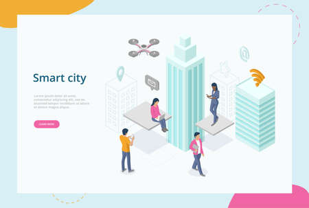Modern Technology, Innovation And Smart Service Concept. Smart City With Contemporary Buildings And People Using Devices Connected To Internet. Augmented Reality. 3d Isometric Vector Illustrationのイラスト素材