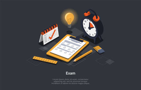Education And Exam Concept. A Set Of Colorful Exam Accessories. Checklist And Pencil, Taking Test, Choosing Answer, Questionnaire Form, Clock, Calendar And Lightbulb. 3d Isometric Vector Illustrationのイラスト素材