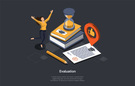 Education And Test Evaluation Concept. Passing Test With Very High Result. Exam Sheet With A Plus Grade, Happy Student, Books, Pencil, Sandglass And Thumbs Up Symbol. 3d Isometric Vector Illustrationのイラスト素材