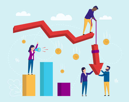 Business And Finance Concept. Cartoon Characters Standing On Infographics Growth Scale. Female Character With Loudspeaker, Falling Money. Male Character Pulls Arrow Up. Flat Style Vector Illustrationのイラスト素材
