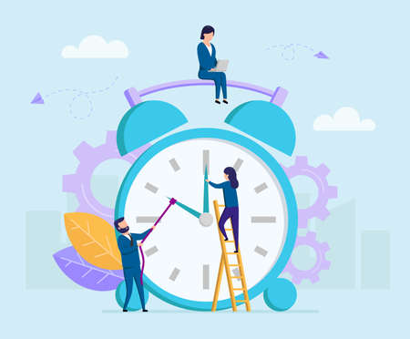 Concept Of Time Budget. Tiny Business People Trying To Turn The Clock By Hands And To Stop The Time On A Big Alarm Clock. Time Is Money Metaphor. Cartoon Colorful Vector Illustration In Flat Styleのイラスト素材