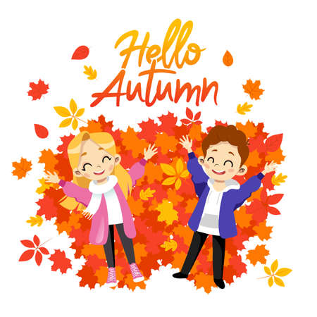 Cartoon Style Vector Illustration Of Happy Children Playing Outdoors With Yellowed Leaves In Autumn. Clip Art Of Flat Male And Female Kids Characters On White Background. Hello Autumn Greeting Conceptのイラスト素材