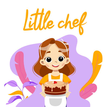 Vector Illustration Of Young Female Character Wearing Apron. Little Chef Writing And Cartoon Child...