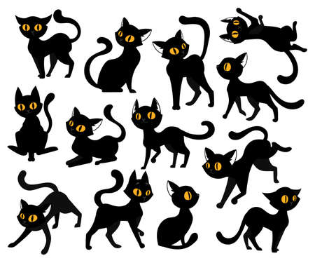 Domestic Animals Concept. A Set Of Black Cats With Yellow Eyes In Different Positions Isolated On White Background. Cute, Mischievous And Playful Pets In Various Poses. Flat Style Vector Illustrationのイラスト素材