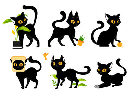 Pets, Domestic Animals Concept. A Set Of Mischievous, Funny, Adorable Cats. Kitties Catching Butterfly, Playing With Plant In Pot, Mouse And Ball Of Threads. Colorful Flat Style Vector Illustrationのイラスト素材