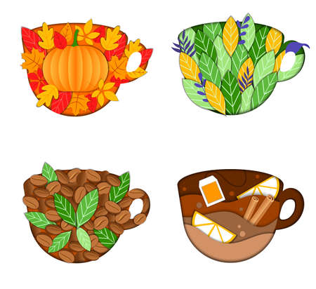 Tasty Non-alcoholic Drinks Concept. A Set Of Cups In Shape Of Different Drinks Such As Pumpkin Latte, Herbal Or Green Tea, Coffee, Warming Tea With Lemon And Cinnamon. Flat Style Vector Illustrationのイラスト素材
