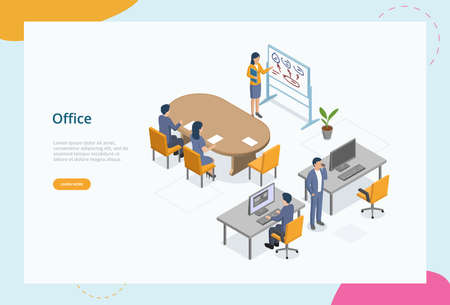 Working At Office, Coworking Space Concept. Male And Female Characters Meet At Office. Colleagues Working, Planning, Watching Business Training Or Lecture. Colorful 3d Isometric Vector Illustrationのイラスト素材