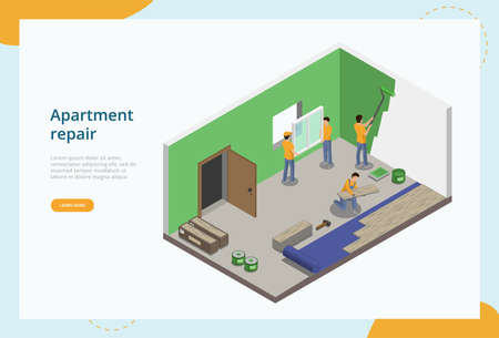 Apartment Repair And Maintenance Service Concept. Team Of Repairmen Making House Renovation Works. Builders Painting The Wall, Making The Window And Floor Repair. 3d Isometric Vector Illustrationのイラスト素材