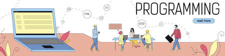 Software, Web Development, Programming Concept. Abstract Cartoon Composition Of Colleagues Programmers Team Sitting At Collaboration Table At Work Place. Flat Style Horizontal Vector Illustrationのイラスト素材