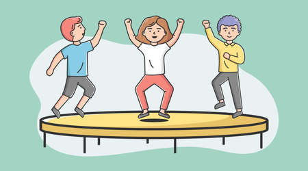 Concept Of Entertainments And Sport. Group Of Of Teens Boys And Girls Jumping On Trampoline In Activity Park Or Gym. Friends Have A Good Time Togethe. Cartoon Linear Outline Flat Vector Illustrationのイラスト素材