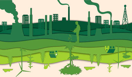 Ecology And Environment Conservation, Renewable, Alternative Energy, Green Electricity Concept. Pollution, Green Nature, Inverted Environment Creative Idea. Colorful Flat Style Vector Illustrationのイラスト素材