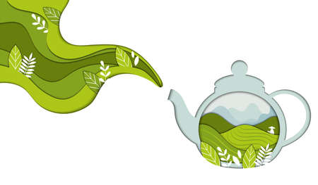 Healthy Herbal And Green Tea Concept. Transprent Teapot Or Kettle With Tiny Green Leaves Collected On Tea Plantation Releasing Aroma Steam. Flat Style Vector Illustration Isolated On Whte Backgroundのイラスト素材