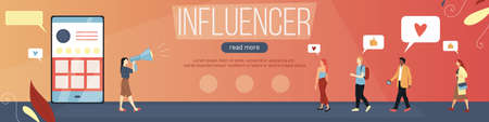 Career And Hobby, Global Influencer Marketing Concept. Teachers, Coaches, Bloggers And Other Influencers Affect The Way That Other People Behave. Colorful Flat Style Vector Horizontal Illustrationのイラスト素材