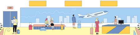 Airline Travels, International Flights Concept. People With Luggage Buying Tickets For An Airplane And Waiting For A Flight At The Airport. Colorful Horizontal Linear Flat Style Vector Illustrationのイラスト素材