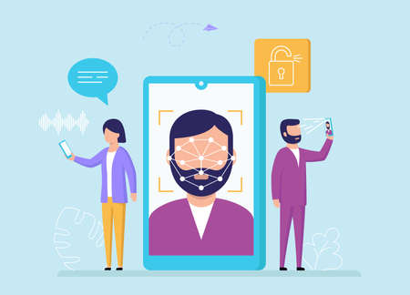 Face Recognition, Device Unlock Concept. Cartoon Characters Use Face Identificaton On Smartphone Or Tablet To Get Access To Text Or Voice Messages And Other Functions. Flat Style Vector Illustrationのイラスト素材