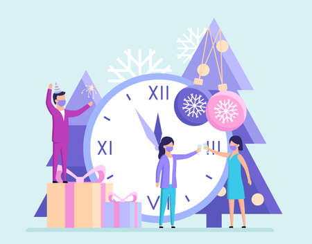 Winter Holidays, New Year, Christmas Concept. Tiny Cartoon Characters Celebrating New Year Holding Sparkler And Clinking Glasses With Champagne. Five Minutes To Twelve. Flat Style Vector Illustrationのイラスト素材