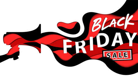 Super Mega Sale, Black Friday Sale, Special Super Offer Concept. Abstract Vector Illustration In Flat Style, In Red And Black Colors On White Background Shaped As Wavy Advertisement From Loudspeakerのイラスト素材