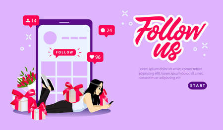 Advertisement Online, Social Media, Networking Likes Concept. Flowers, Boxes With Gifts And Girl Shopping From Mobile Device On Pale Violet Background. Follow Us Banner, Flat Style Vector Illustrationのイラスト素材