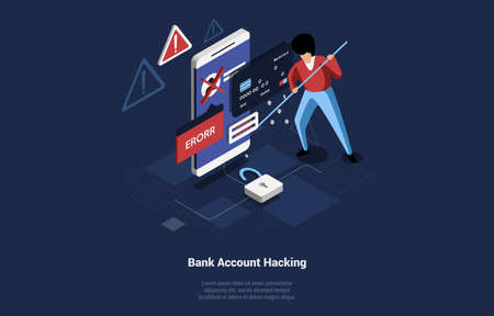 Bank Account Hacking Concept Vector Composition. Isometric 3d Art Of Big Smartphone With Error Alert Writings On Screen And Man Thief Trying To Cyber Steal From It. Modern Crime Cartoon Illustrationのイラスト素材