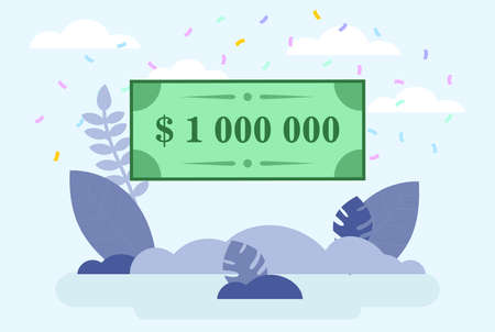 Cartoon Vector Composition With Bank Cheque For Million Dollars. Lottery Winning Or Prize Gaining...