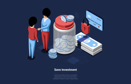 3D Vector Illustration Cartoon Isometry Style Of Save Investment Concept With Writing On Dark Background. Composition Of Two Men Shaking Hands Near Big Coins Box, Pot Of Money, Credit Card And Lockのイラスト素材