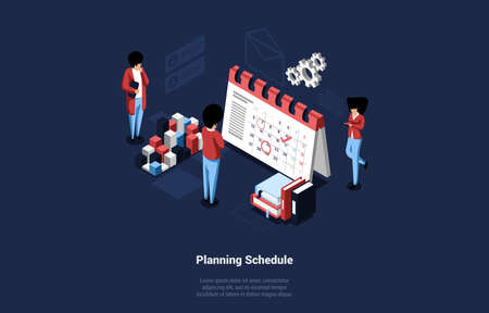 Business Planning Schedule Concept Composition With Male And Female Characters Working. Vector Isometric Illustration On Dark Background With Writing And Infographics. Small People And Big Calendarのイラスト素材